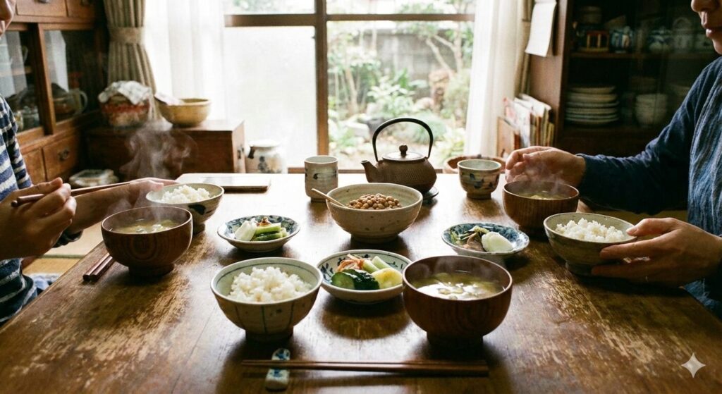 「木のテーブルに並ぶ日本の伝統的な朝食。味噌汁、白ごはん、納豆、野菜のおかずが並び、2人が向かい合って食事を囲んでいる。自然光が差し込む窓と、温かみのある家庭的な雰囲気が伝わる食卓風景。」