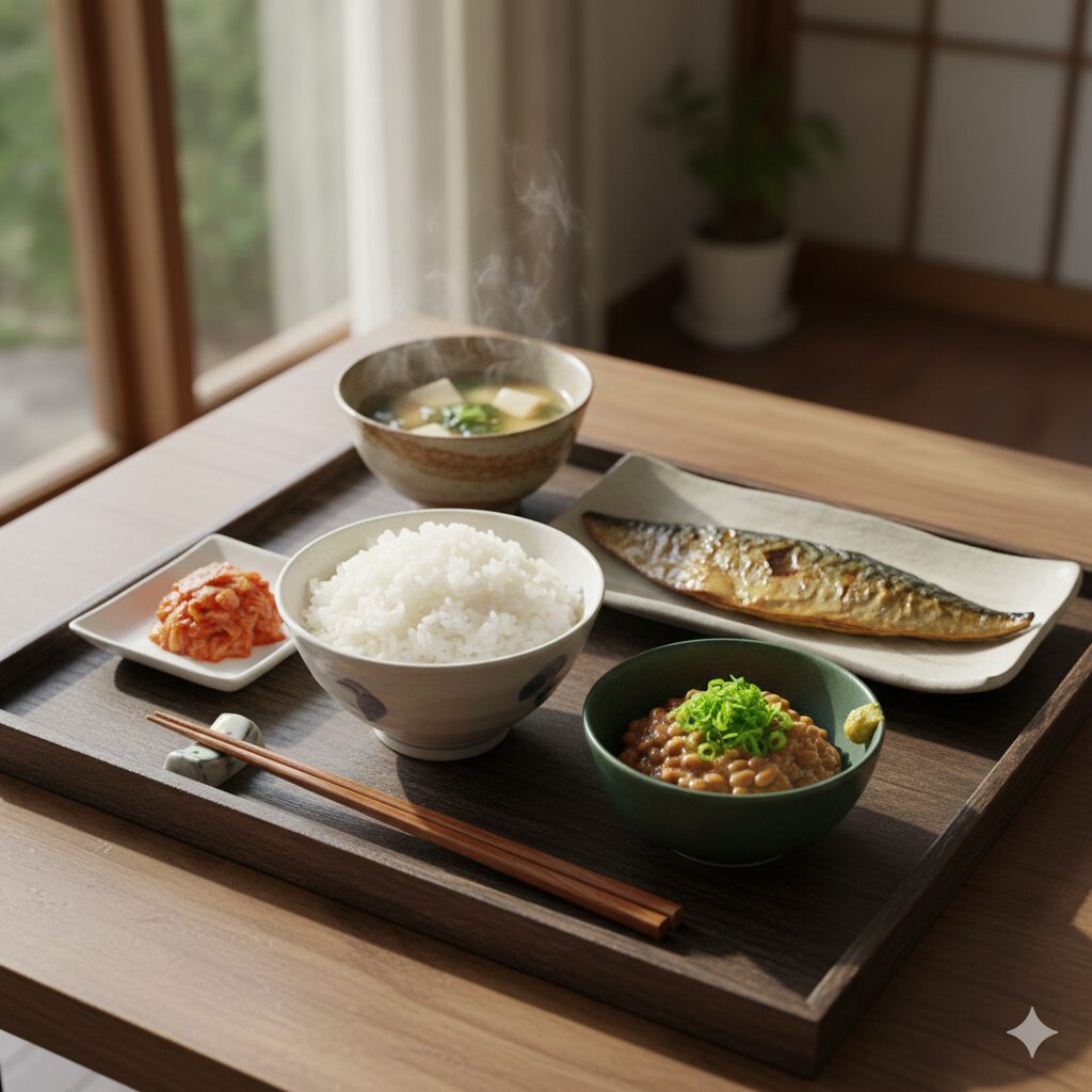 「木製トレイに並べられた和朝食。白ごはん、味噌汁、焼き魚、納豆、漬物が揃い、障子と観葉植物が背景にある落ち着いた朝の風景。」