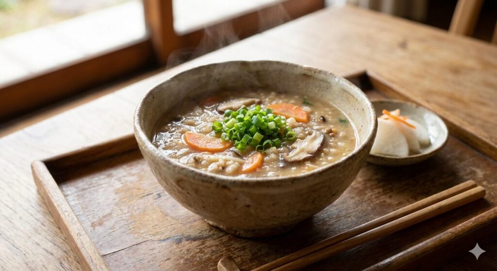 「木のテーブルに置かれた湯気の立つ雑穀入り味噌雑炊。にんじん、きのこ、ねぎが彩りを添える陶器の器。」
