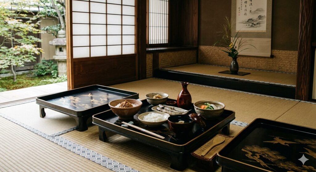 平安時代の貴族の食膳をイメージしたもので、漆塗りのお膳の上に発酵食品や陶器の器が並んでます。