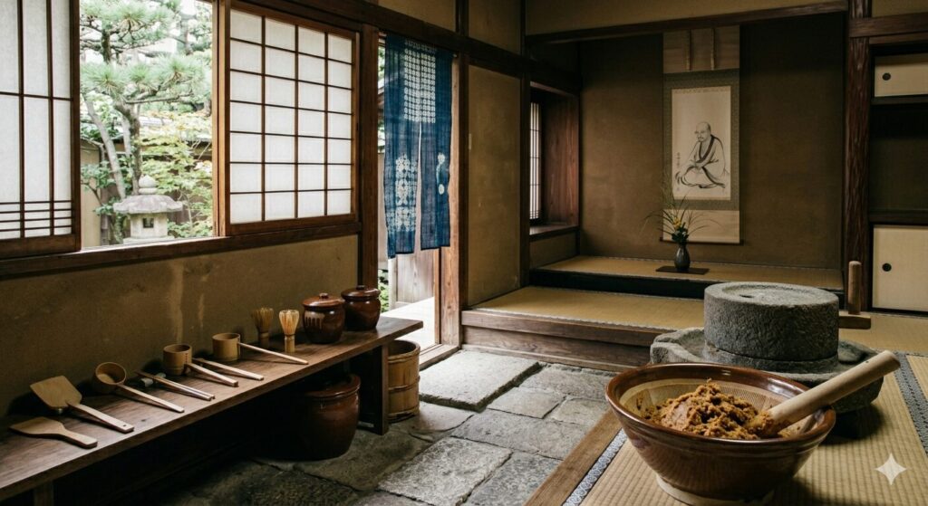 鎌倉時代の禅寺の台所をイメージしたもので、すり鉢や石臼とともに味噌が置かれてます。