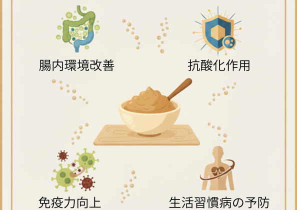 「腸内環境改善・抗酸化作用・免疫力向上・生活習慣病予防の効果を示すアイコンと、中央に盛られた味噌のイラスト。発酵食品としての味噌の健康効果を伝えるビジュアル。」