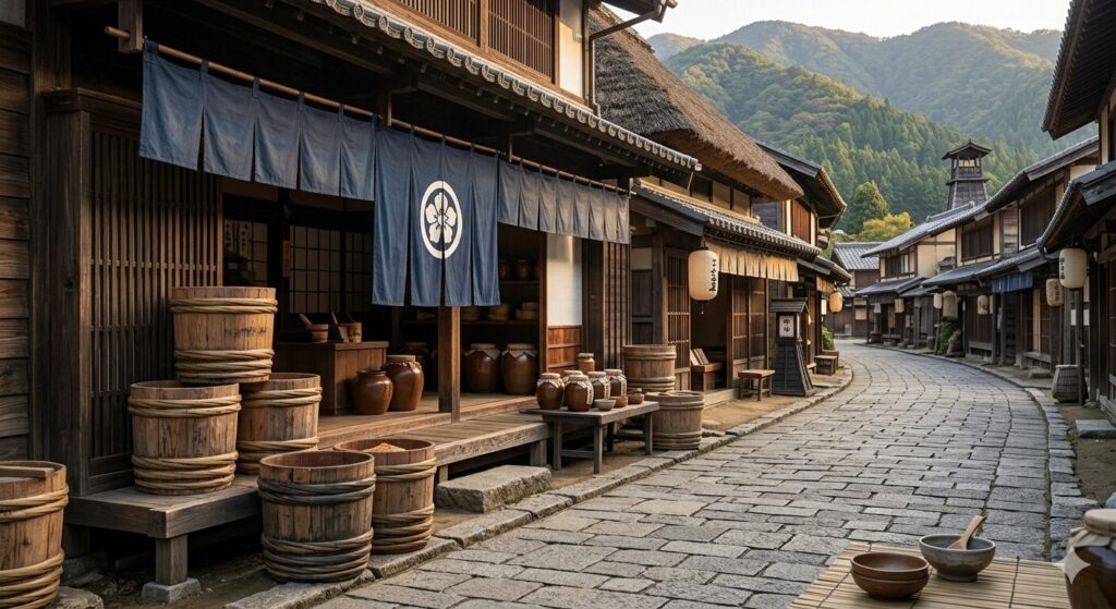 江戸時代の味噌屋をイメージしたもので、商家の店先に味噌樽が並んでます。