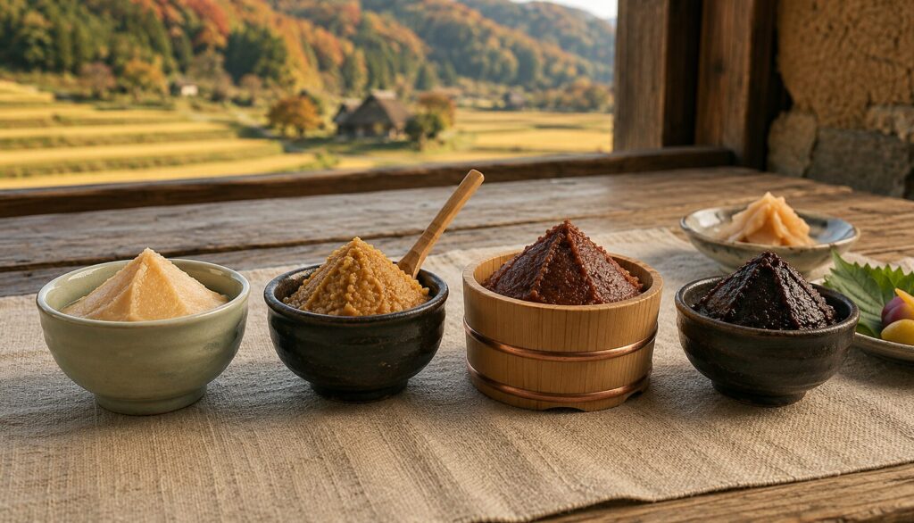 白味噌・赤味噌・麦味噌・豆味噌など、色や原料の異なる味噌が器に盛られて並んでます。