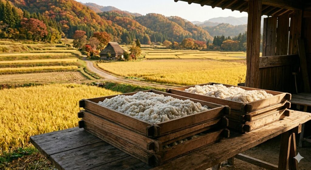 米麹が広げられた麹蓋の奥に、日本の棚田と実った稲穂が広がる風景です。