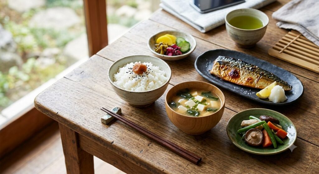 腸内環境の改善を意識した味噌汁を中心とする和朝食の写真です。発酵食品を毎日の食事に取り入れる様子を紹介してます。
