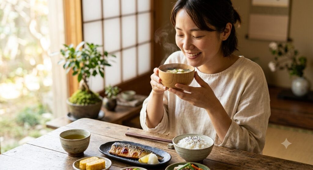 腸内環境の改善を目指して毎日の食事に味噌汁を取り入れている様子を紹介した写真です。