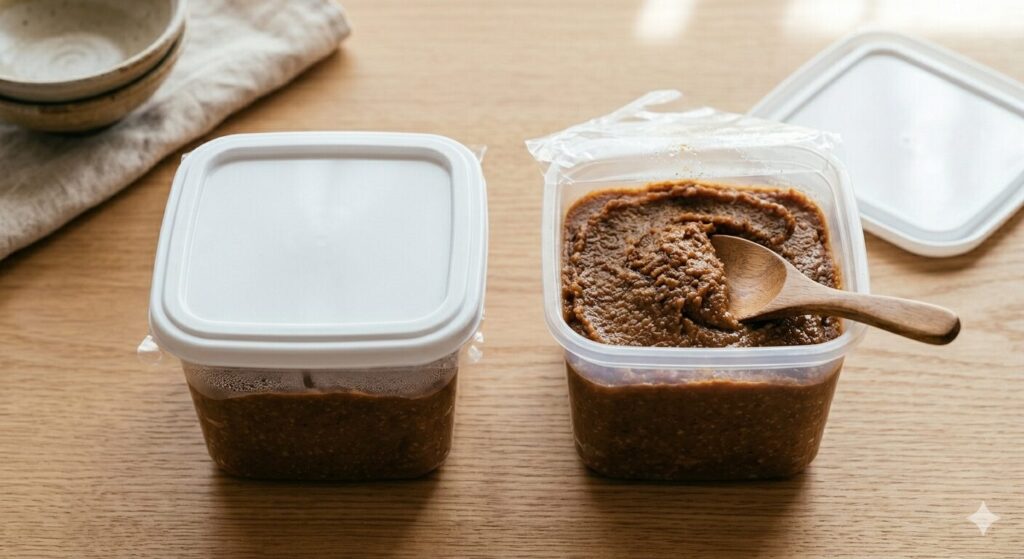 密閉された味噌容器と開封後の味噌を比較したイメージ
