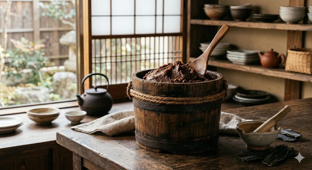 木桶に入った伝統的な味噌と木べらのイメージ