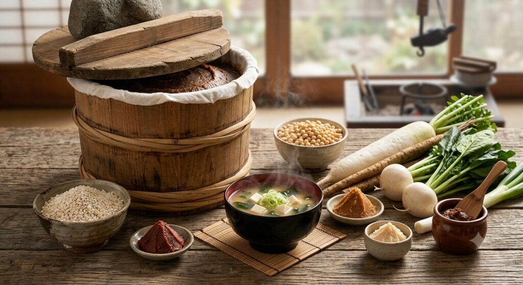腸内環境の改善に役立つ味噌の発酵・熟成と味噌汁を中心とした日本の発酵食品を表現したイメージです。