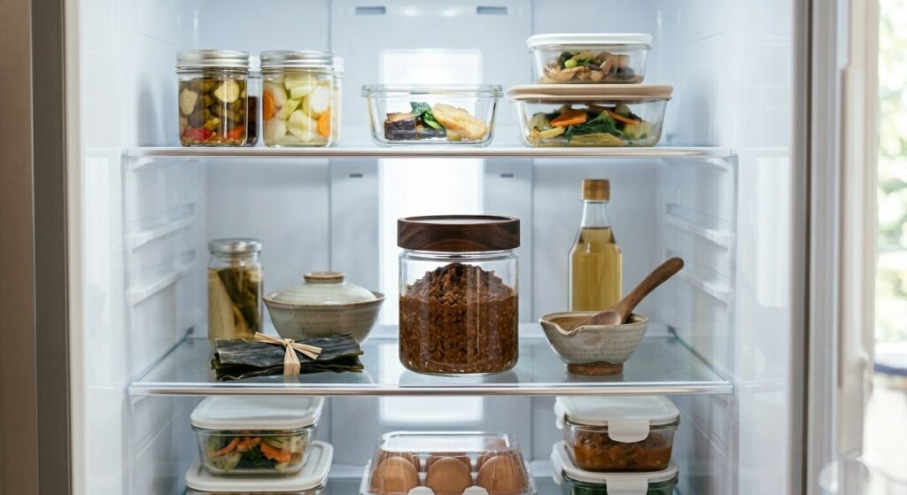 冷蔵庫の中で保存されている味噌の容器