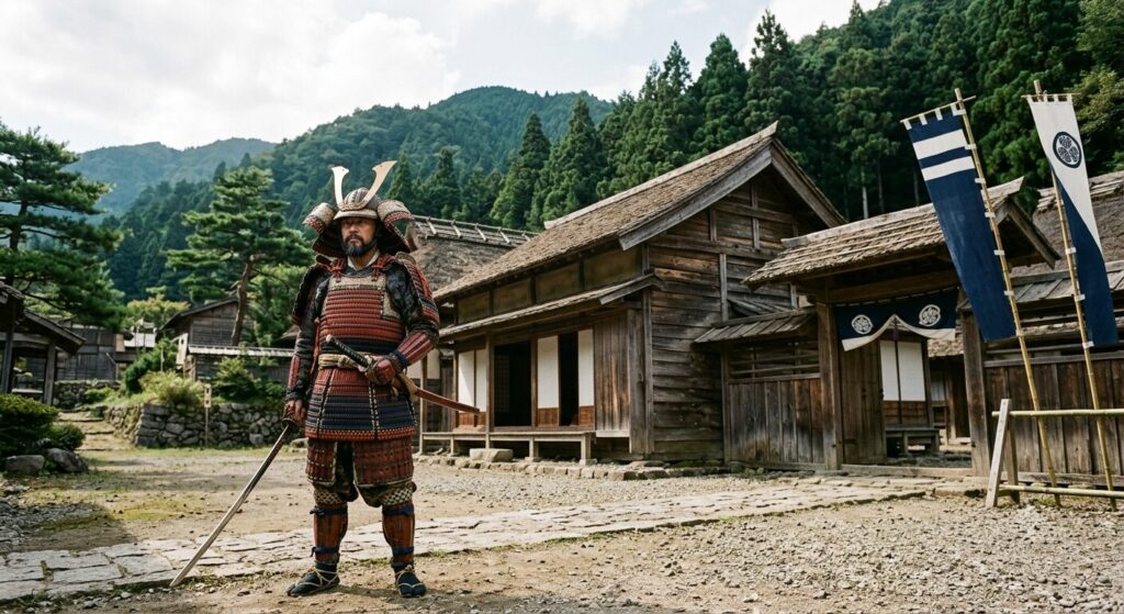 鎌倉時代の武士が鎌倉幕府を背景に立つ様子で、鎌倉武士と味噌が広まった時代背景を表した写真です。