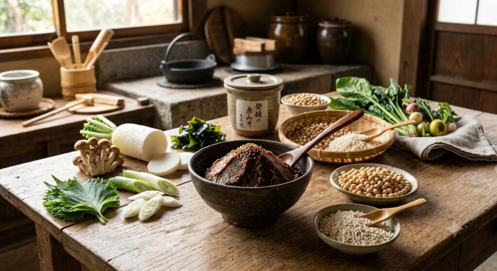 味噌に含まれる大豆や麹、野菜が並び、味噌の美容効果を支える栄養素を紹介している様子です。