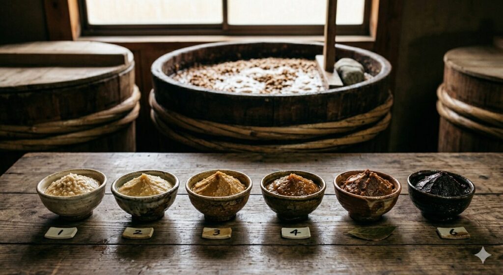 熟成期間によって色合いが変化した複数の味噌を並べた様子です。味噌の熟成と風味変化の違いが分かります。