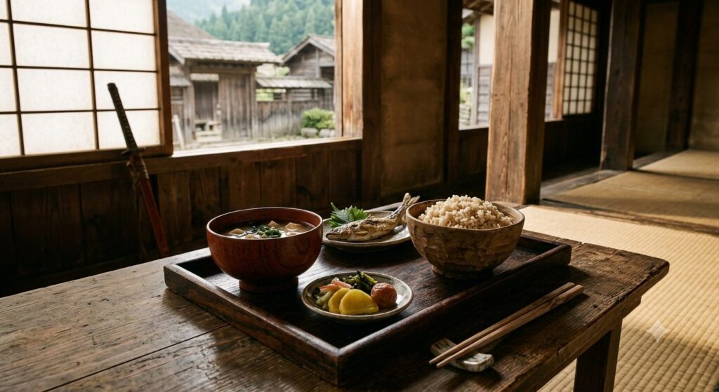 鎌倉武士の一汁一菜の食事を再現した写真で、味噌汁と玄米、漬物、干物による質素な食文化を表しています。