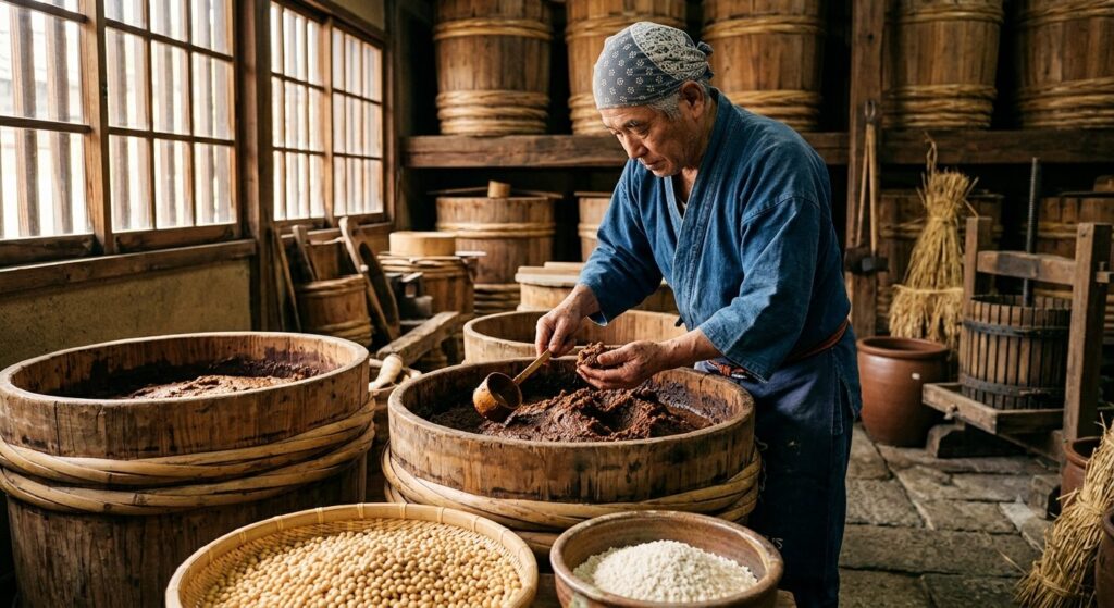 木桶で熟成される味噌の発酵工程を紹介しており、味噌の美容効果を支える発酵の仕組みが伝わる様子です。