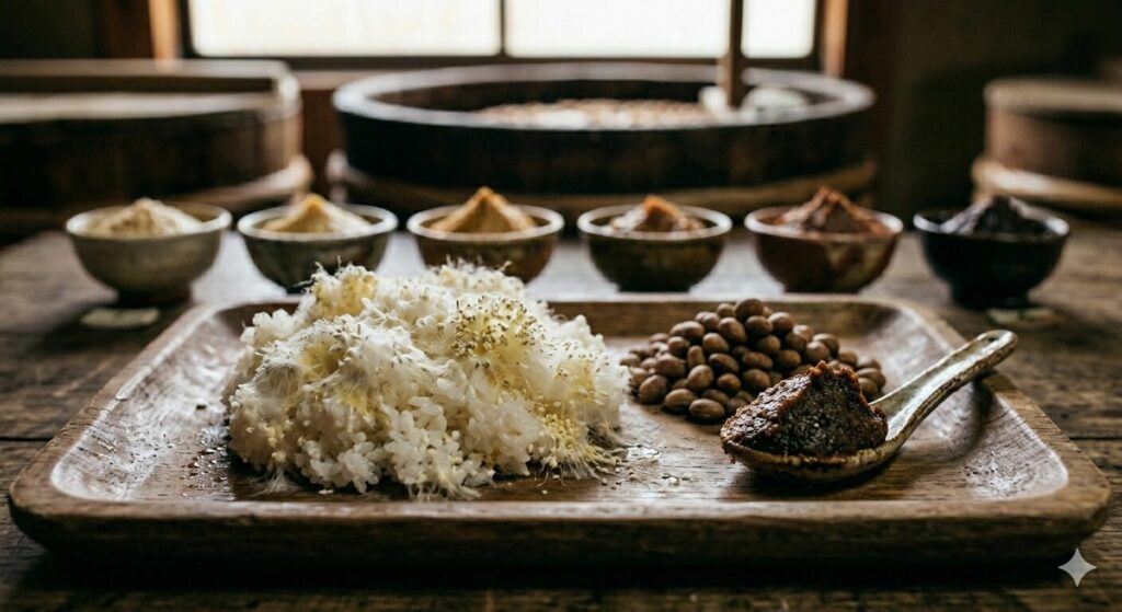 米麹と大豆、味噌を近距離で撮影した発酵のイメージです。麹菌の酵素が味噌の甘味や旨味を作る様子を表しています。