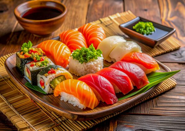 木のトレイに盛り付けられた寿司の盛り合わせ。にぎり寿司と巻き寿司が彩りよく並ぶ