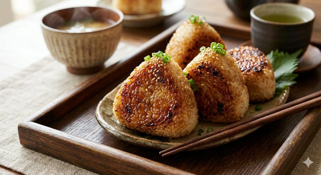 味噌だれを塗って焼き上げた味噌焼きおにぎりの写真