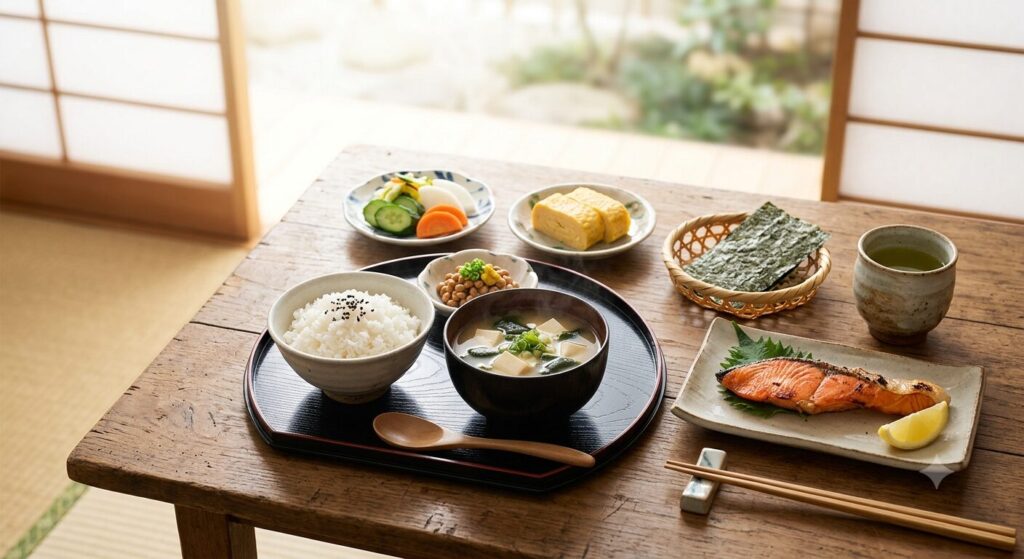 味噌汁を中心とした和朝食を紹介しており、味噌の美容効果と腸内環境を整える食習慣を表しています。