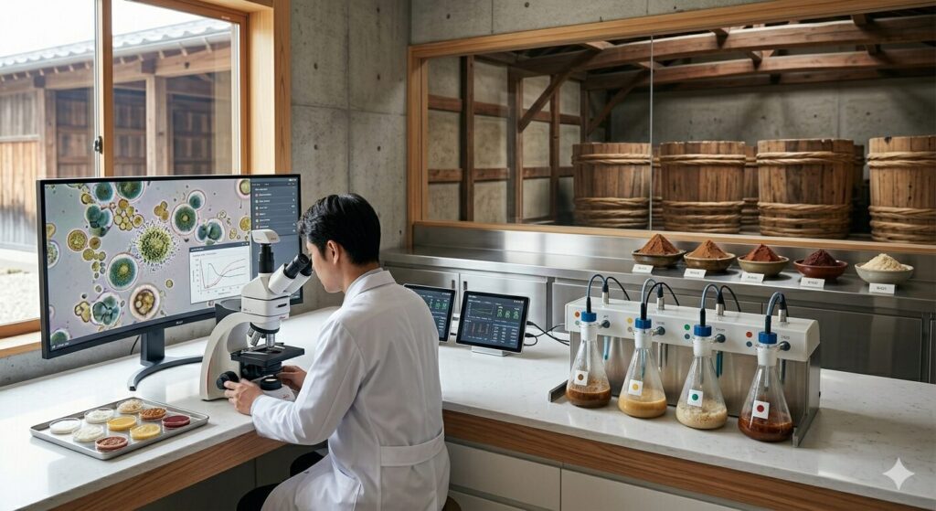 味噌の発酵成分を分析する研究室の様子です。香気成分分析やゲノム解析など、最新の味噌研究を表しています。
