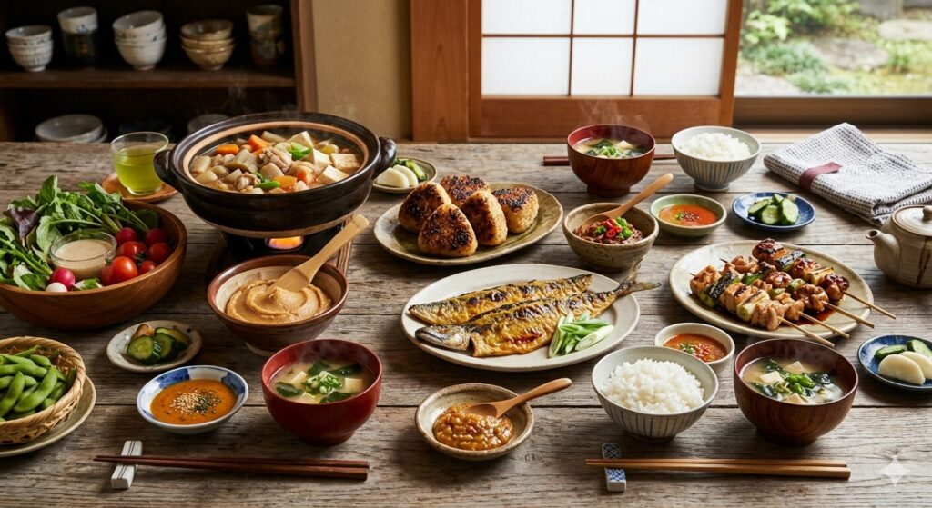 さまざまな味噌料理と調理味噌を食卓に並べたアレンジ例の写真