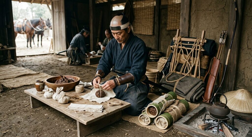 鎌倉武士が布や竹筒に味噌を入れて携行する様子を再現した写真で、元寇で活用された保存食を表しています。