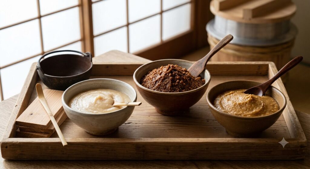 白味噌・赤味噌・合わせ味噌の色や質感の違いを紹介している比較画像です。