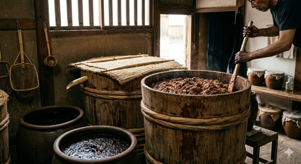 味噌と醤油の発酵と製造工程の違いを示す木桶の様子