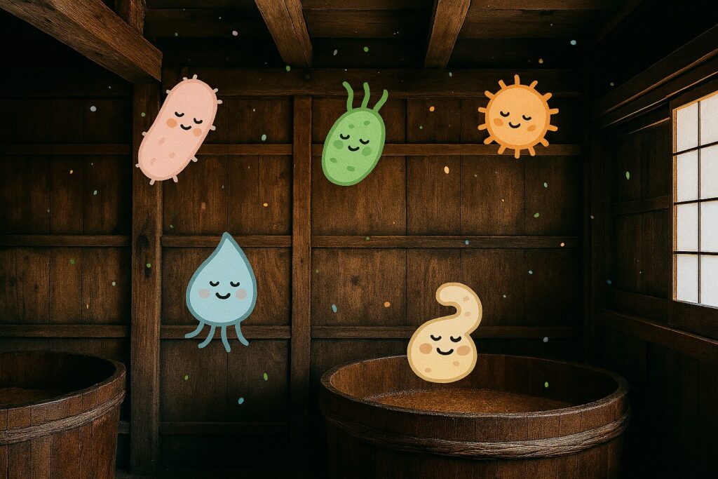 「木造の味噌蔵に漂う擬人化された常在菌たち。発酵を支える微生物の世界を楽しく表現」