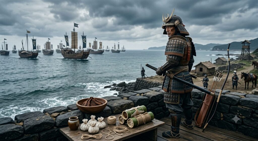 鎌倉武士と味噌、博多湾の石塁、元寇の歴史を組み合わせて表現した画像です