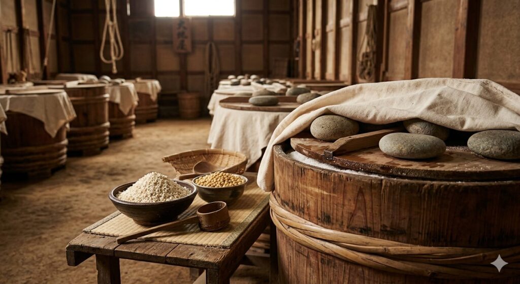 伝統的な味噌蔵の木桶と米麹、大豆を撮影したイメージです。静かに熟成が進む味噌の発酵環境を表現しています。