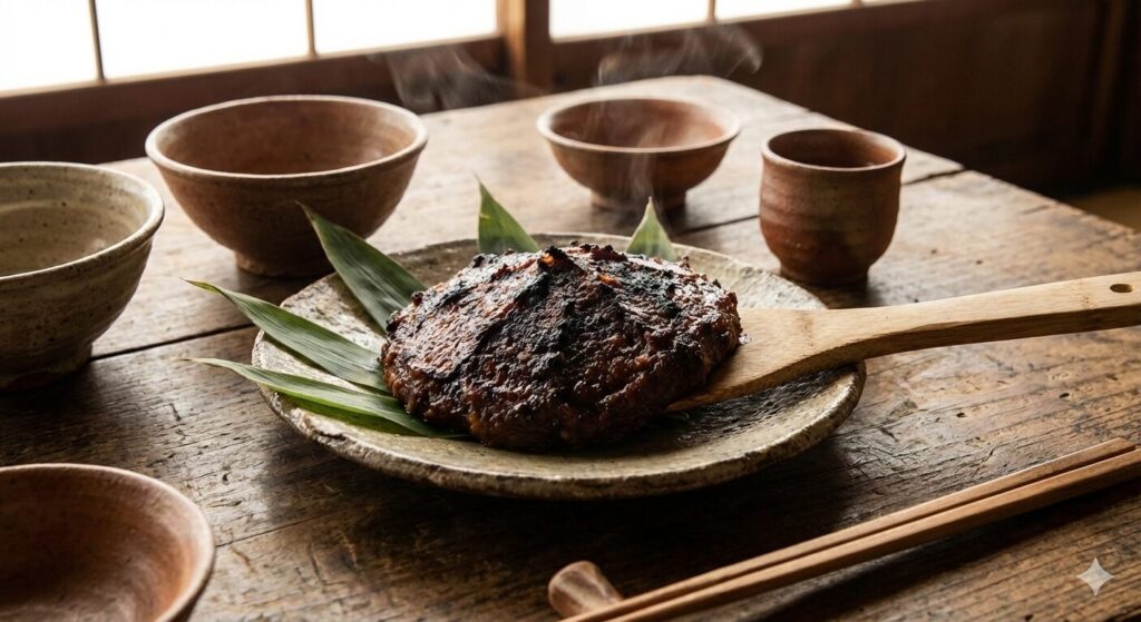 焼きたての焼き味噌が木べらに盛られ、緑の葉を敷いた陶器の皿にのせられている。湯気が立ちのぼり、木のテーブルや陶器の器が戦国時代の素朴な食卓を思わせる。