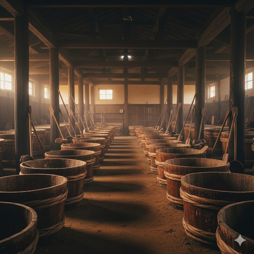 東海地方の伝統的な味噌蔵の内部。木桶が整然と並び、自然光が差し込む静かな空間に、発酵文化と職人の技が息づいている。