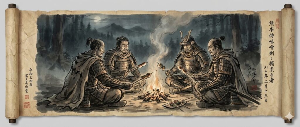戦に敗れた徳川家康と家臣たちが、夜の森で焚き火を囲みながら焼き味噌を分け合う様子を描いた絵巻風のイラスト。静けさの中に、絆と再起への決意がにじむ情景。