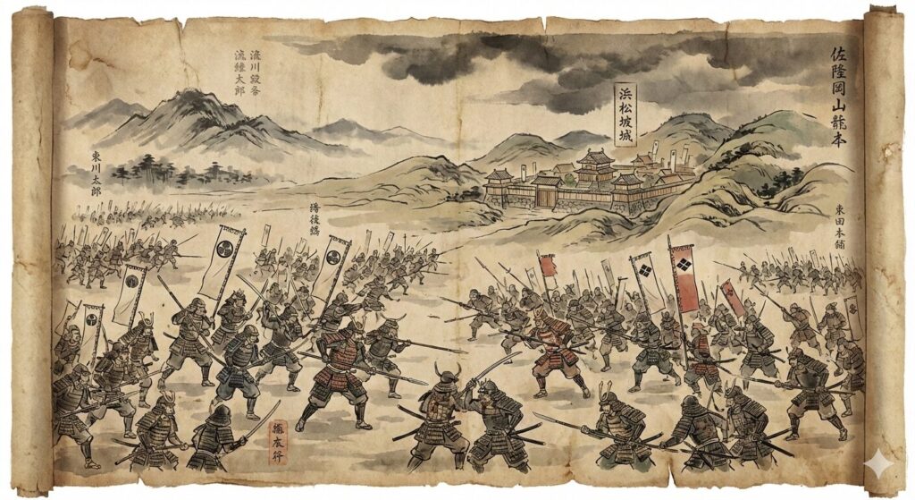 1572年、三方ヶ原の戦いを描いた絵巻風イラスト。徳川家康と武田信玄の軍勢が激突し、戦国時代の苛烈な戦場と家康の人生最大の危機を象徴する場面。