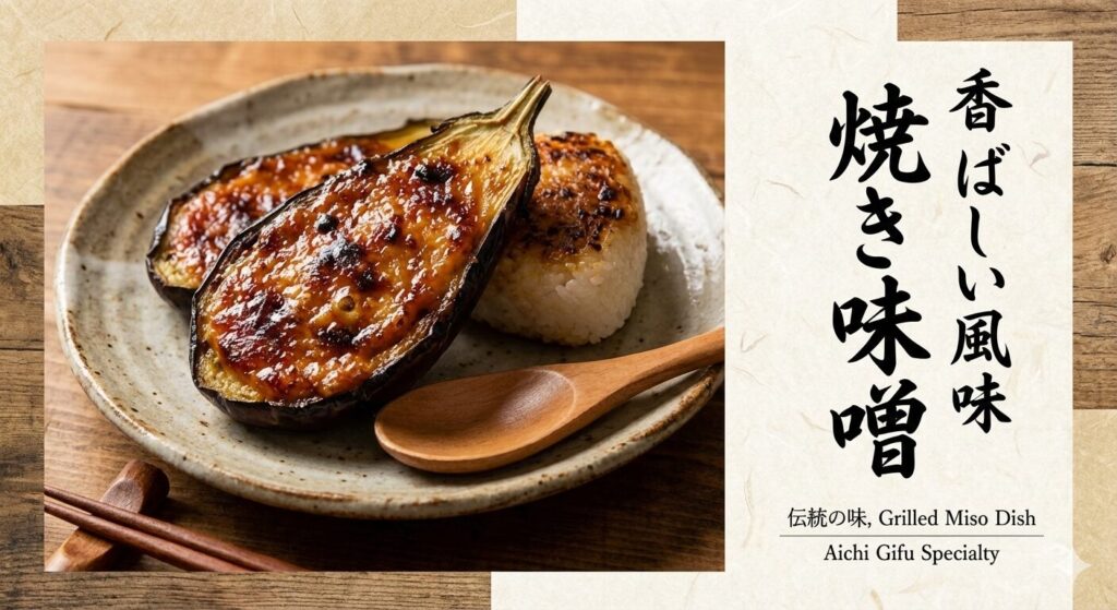 焼き味噌を使った郷土料理のポスター風写真。焼き茄子と焼きおにぎりに味噌だれがかかり、木のテーブルと陶器の器が東海地方の素朴な食文化を伝える。日本語と英語のコピーが添えられ、地域の魅力を発信するデザイン。