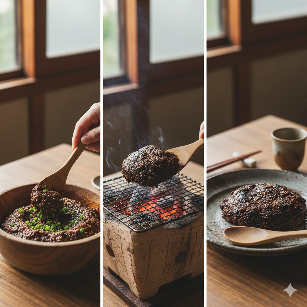 焼き味噌の調理工程を三段階で示した写真。1枚目は味噌と薬味を木の器で混ぜる様子、2枚目は炭火で焼かれる味噌、3枚目は焼き上がった味噌が陶器の皿に盛られている。