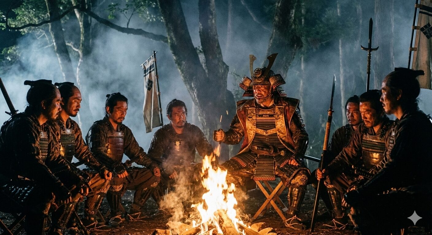 戦国時代の夜、焚き火を囲んで語らう武将たちの様子を描いたイメージ。焼き味噌を分け合った家康の逸話を想起させる情景。