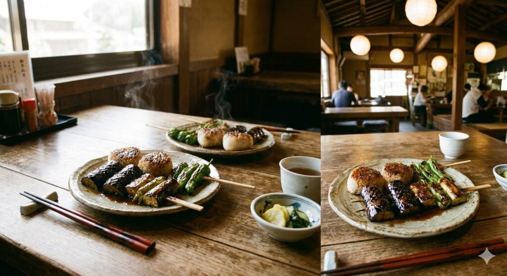 愛知・岐阜の郷土料理として親しまれる焼き味噌を使った一皿。炭火で香ばしく焼かれた串や焼きおにぎりが木のテーブルに並び、湯気が立ちのぼる温かな食卓の風景。