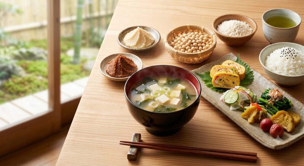 味噌汁や味噌、大豆、麹、野菜を並べ、味噌の美容効果と毎日の食習慣を表現しています