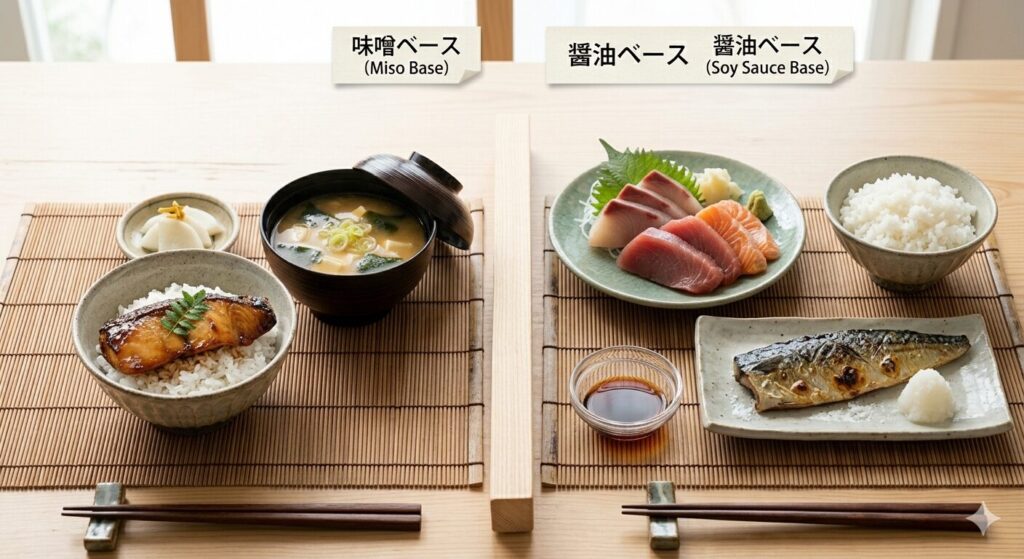 味噌料理と醤油料理の違いを比較した食卓イメージ