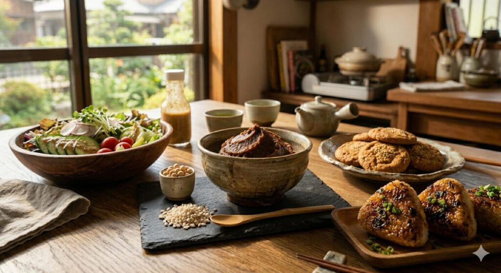 味噌を中心に、味噌ドレッシングのサラダや味噌クッキー、味噌焼きおにぎりを並べた食卓の様子