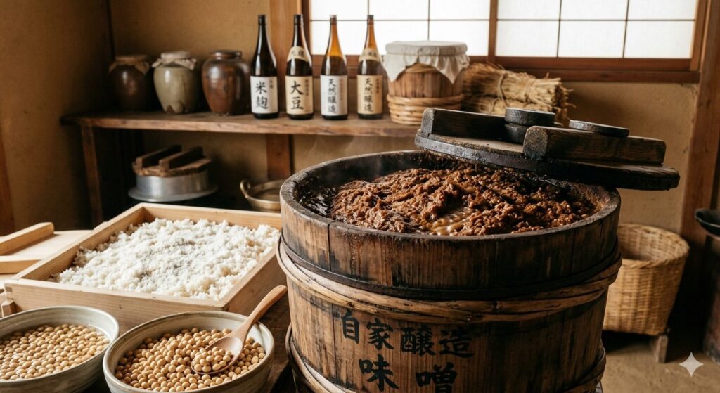 木桶で熟成された味噌と麹、大豆を写した発酵イメージ