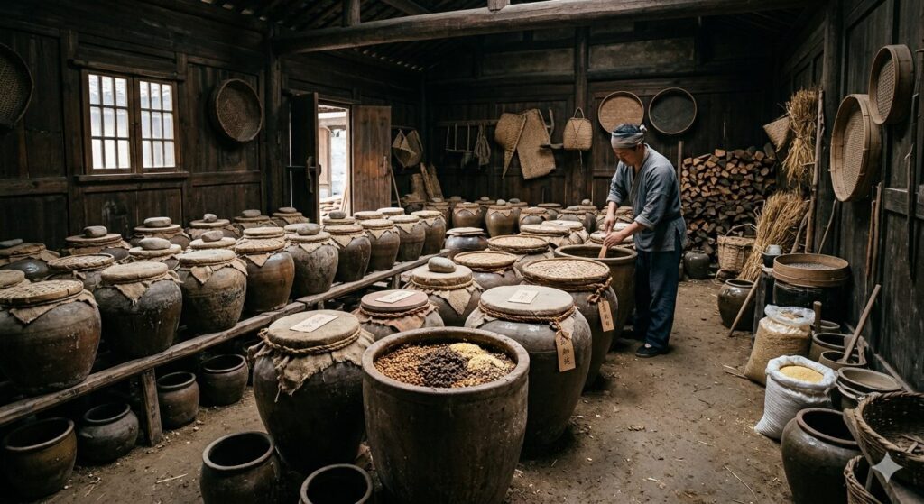 味噌の起源である醤の製造をイメージした発酵食品の様子