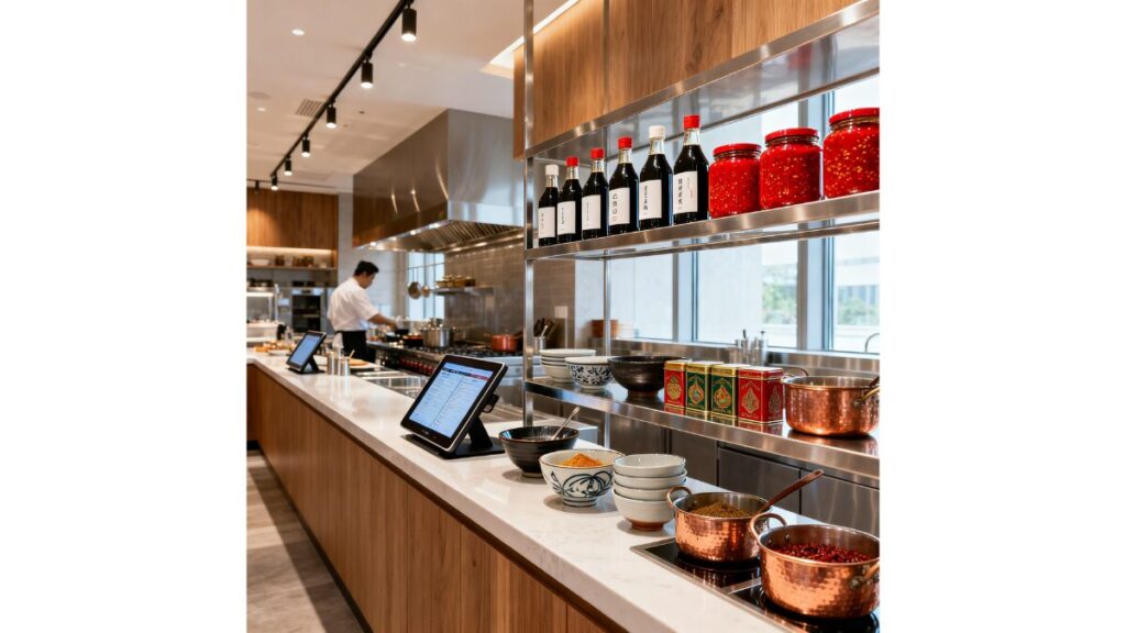 現代のレストラン厨房に並ぶ醤油や発酵調味料。グローバル化する醤文化の象徴。