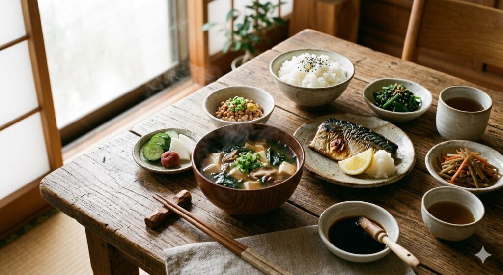 味噌汁を中心にした和朝食の食卓風景
