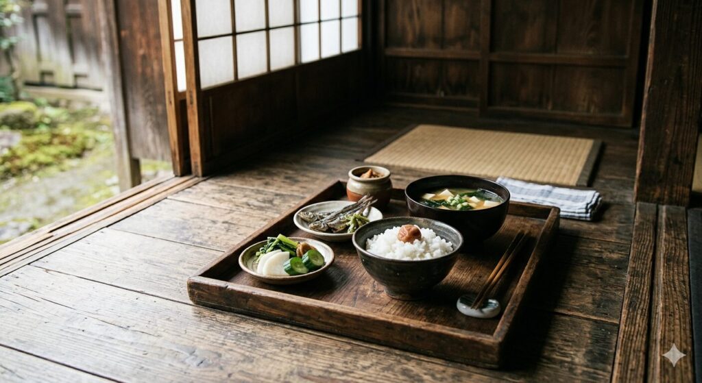 武士の食事としての味噌汁と保存食を再現した日本の伝統的な食卓