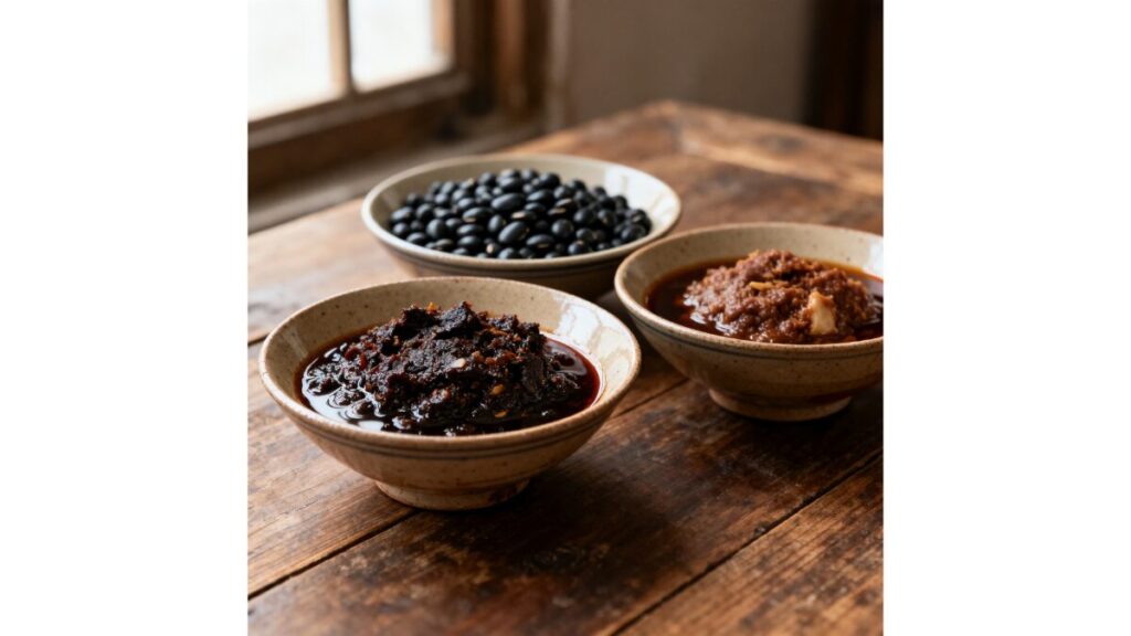 黒大豆を使った豆鼓、発酵させた肉醤、魚由来の醤を並べた伝統的な中国の発酵調味料の比較イメージ。