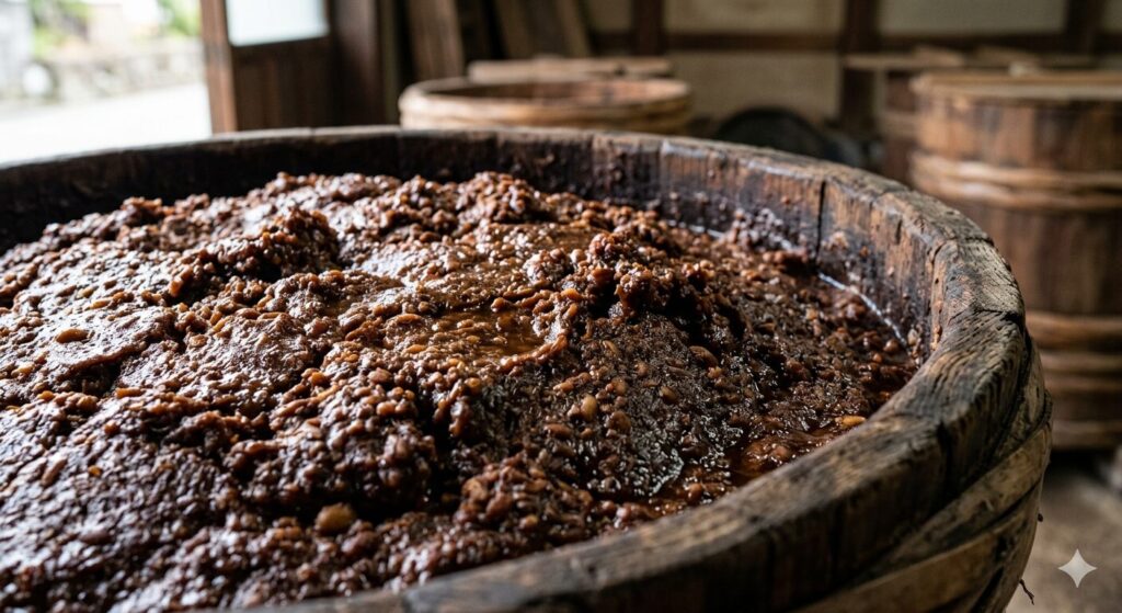 長期熟成によって作られる赤味噌の発酵状態を表した食品の様子